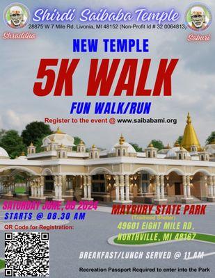 Shirdi Saibaba Temple Livonia hosting 5K walk for New Temple @ Maybury State Park on Saturday Jun 8th 2024 at 8:30 AM