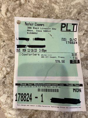 Dry cleaning ticket