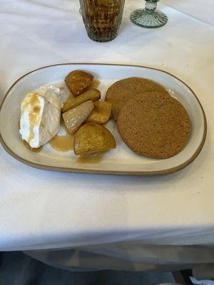 Cookies and pears and whipped cream