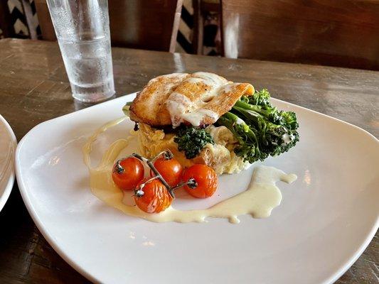 Catch of the day, mashed potatoes, and broccolini