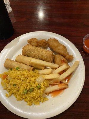 This is the plate of food I got. Fries cold salty rice has no flavor egg rolls cold and salty and the meat was rubbery