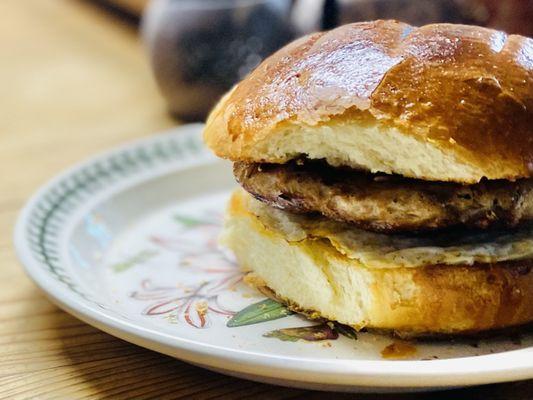 Robertson's sage sack sausage makes a perfect sausage & egg on a roll or biscuit. (Moi own challah bread roll pictured)