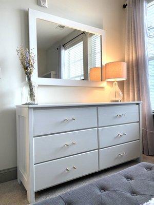 1980's oak dresser & mirror beautifully refinished in a soft white painted lacquer