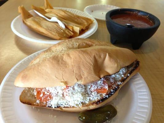 Bolillo (beans, jalenpeno, cotija), pork tamales, salsa