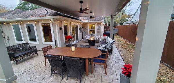 Stamped Concrete with Aluminum Patio cover  with Roof Risers and 9" columns.