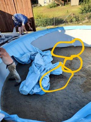 Huge holes in sand from original pool install found under original liner removal done because of wrinkles dmg