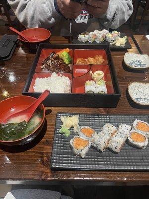 Lunch steak Teriyaki Lunch Box, salmon roll and miso soup.