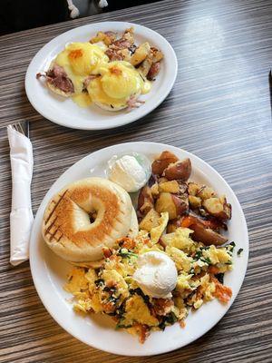 Smoked Salmon scramble and eggs Benedict