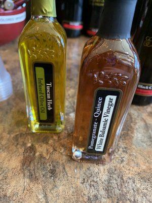 Oil and Vinegar in travel size bottles.