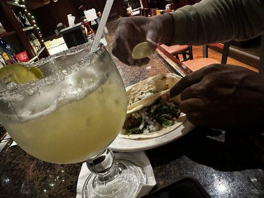 Don Julio Margarita with chicken & beef tacos