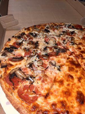 Pepperoni,mushroom, onion pizza!