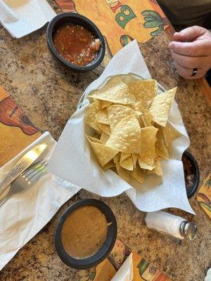 House chips with bean dip and salsa first round is free