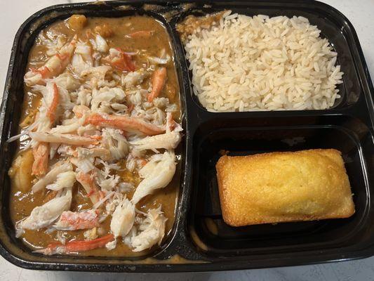 Nita's gumbo with rice and cornbread. Even though it's "supposed " to be included, the crab meat is from what I had at home.