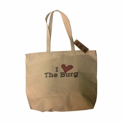 Spangles IHEART The Burg, Canvas Tote Bag $27. We all need one for the beach. Great holiday gift. Call 727.525.5010.