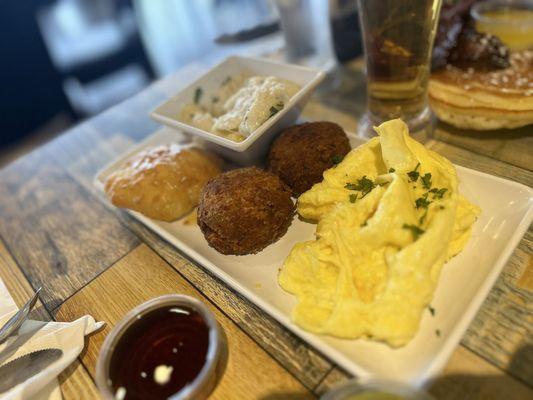 Salmon Croquettes with eggs and grits