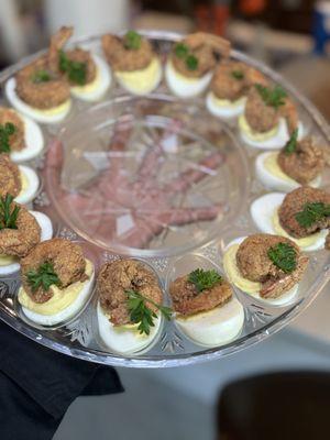 Deviled Eggs with Shrimp. The shrimp is what got everyone. So darn good.