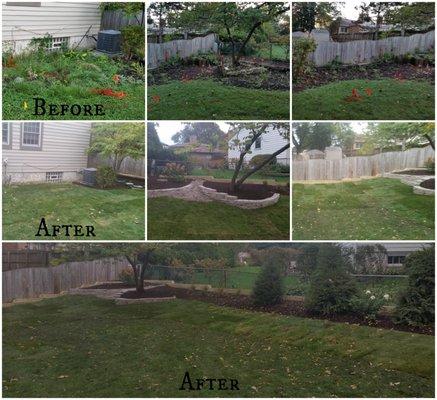 Large job that included a major clean-up, new planting beds and plants, sod, flagstone retaining wall, mulch and hinder/channel rain water.