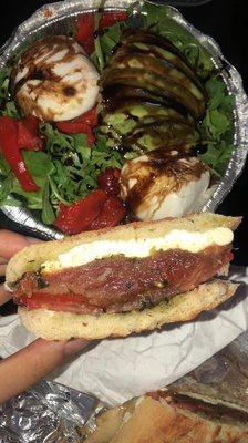 panini: prosciutto, tomatoes and mozzarella with pesto sauce  salad: burrata, arugula, glaze, avocado and roasted peppers