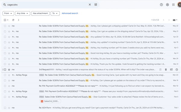 My MANY emails to Ashley about my order.