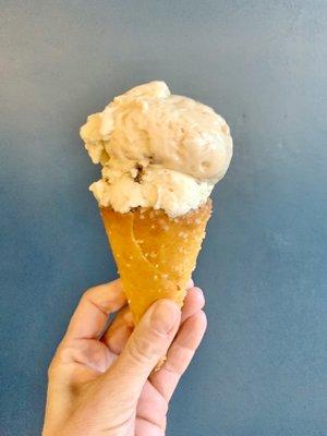 Maple pecan top, Chocolate Chip Cookie Dough bottom, pretzel cone