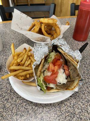 Gyro Sandwich and Onion Rings (Homemade)