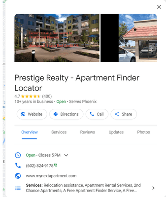 Over 400 reviews with 4.7 .  Are you locating for an apartment locator that can help you find an apartment?  Prestige Realty Can Help!