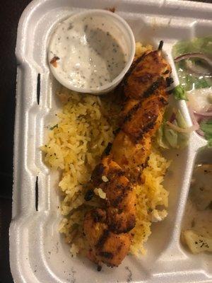 Chicken kabob, it is moist and tender.