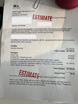 Estimate sent at 17 days past lease end. we wouldn't get another letter with details until 35 days past lease end.