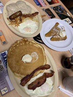 From the top Biscuits and gravy, crunchy and sweet French toast Sweet and Crunchy French Toast Combo and Pancake Combo.