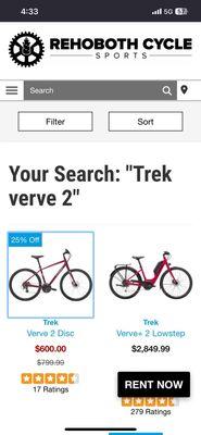 The Trek Verve 2 advertised for $600.00