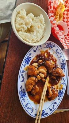 Almond chicken (breaded) and white rice