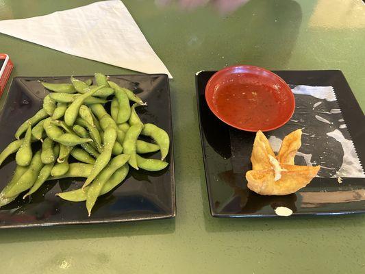 Edamame and Crab Rangoon both great