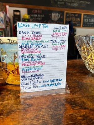 Tea menu