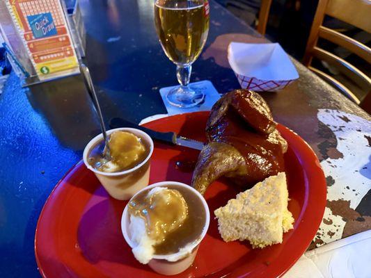 Smoked Chicken, Double mashed potatoes with gravy, and corned bread.