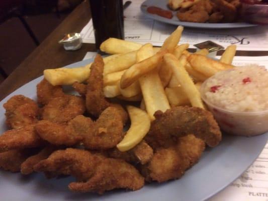 Fried shrimp, French fries, pepper hash! Yum!