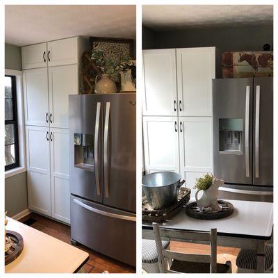 Before and after, custom cabinets, custom woodwork, tile backsplash by us!