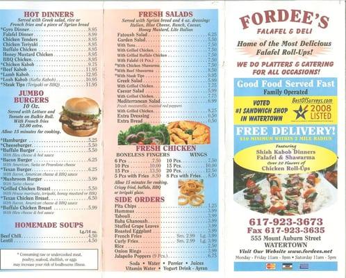 Fordee's Menu (Front)