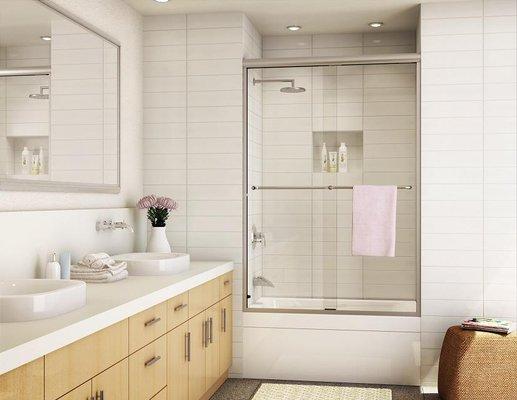 Semi-frameless shower door with a tub