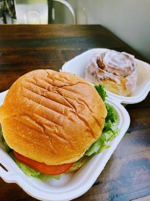 Chicken salad sandwich and cinnamon roll