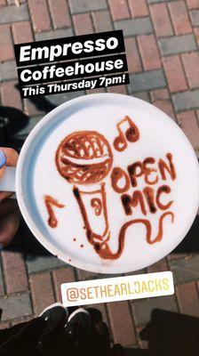 We host open mic every other Thursday at 7pm. Follow us on instagram to find out when it is.