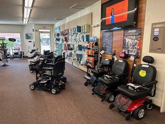 A selection of scooters and power wheelchairs