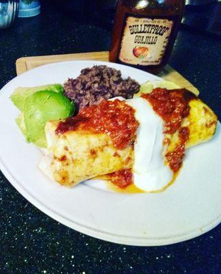 Guajillo chicken burrito with chipotle pepper sauce