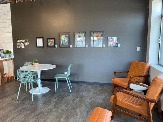 Adorable art and comfy seating..excellent place to study, have a client meeting, or relax!