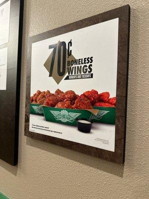 70c boneless wings Mondays and Tuesdays