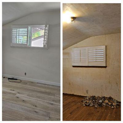 Before and after. Removed wallpaper - plaster,  paint, and install of engineered wood floor product.