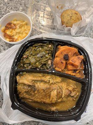 Turkey wing plate with collard greens, candied yams, Mac n cheese and a Sweet Honey Blueberry Cornbread Muffin