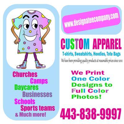 Custom Apparel starting @ $7.74 per shirt. We do one color designs up to full color photos for churches, businesses, memorials, schools etc