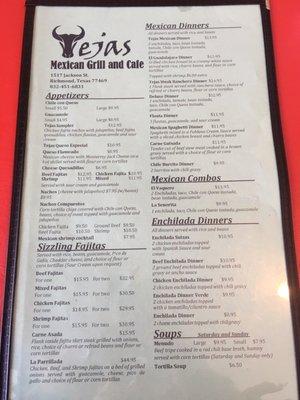 Front page of the menu