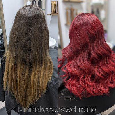 Check out this before and after. I achieved this Bright Red hair color without bleach. This guest got one solid color, haircut, and style.