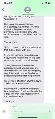 Here is where she says YOU'RE WELCOME for the $1200 she came out of pocket for the jet skis the first day...She's a liar.